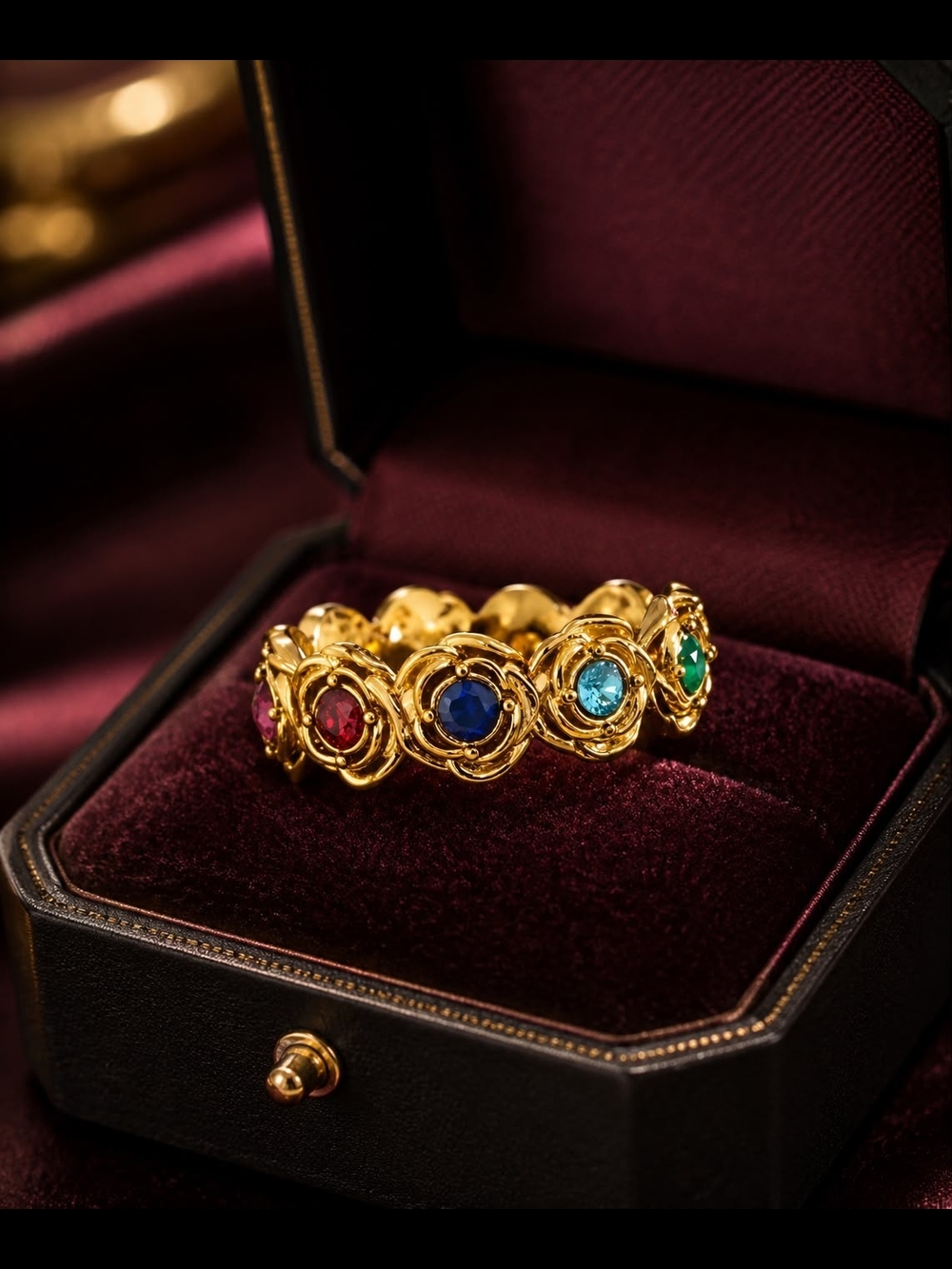 Gold Multigem Floral Band with Red, Blue, Teal & Green Stones